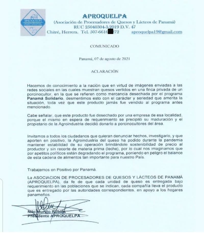 Comunicado de APROQUELPA del 7 de agosto de 2021 firmado por Nilo Murillo Robles