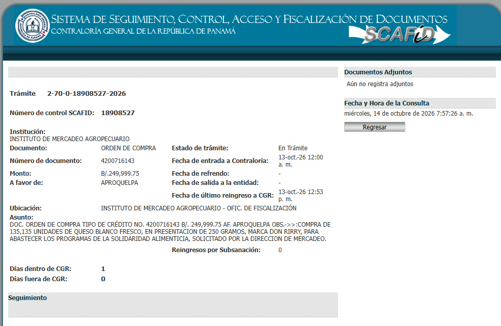 Orden de compra 4200716143 del IMA a APROQUELPA, marca Don Rirry, 13 de octubre de 2026